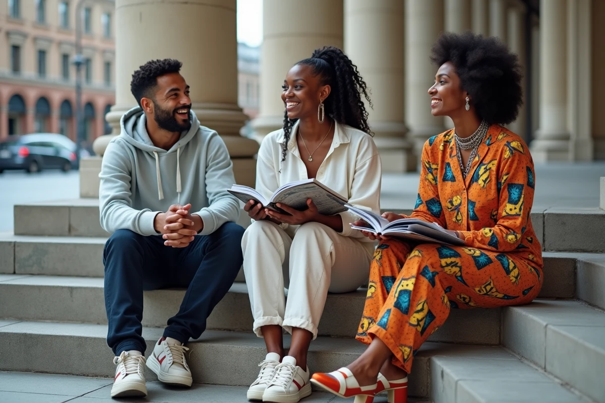 Groupe d'amis aux styles vestimentaires variés assis sur les marches d'une bibliothèque urbaine, illustrant la diversité culturelle de la mode