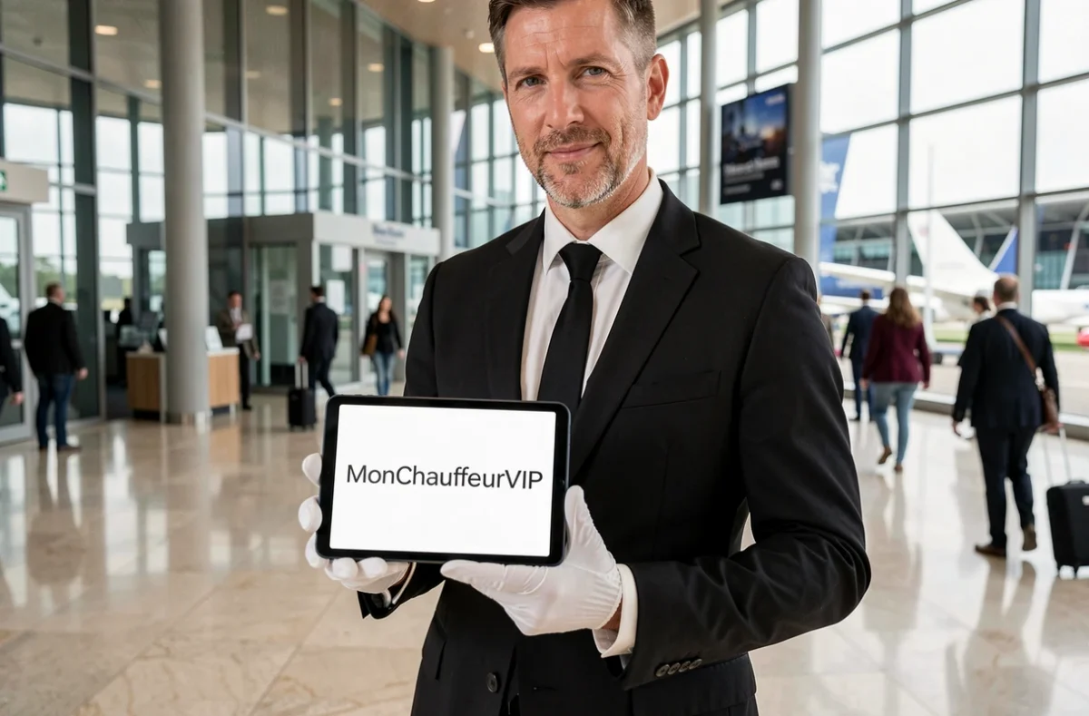Chauffeur professionnel en costume noir tenant une tablette avec le logo MonChauffeurVIP dans un terminal aérien moderne
