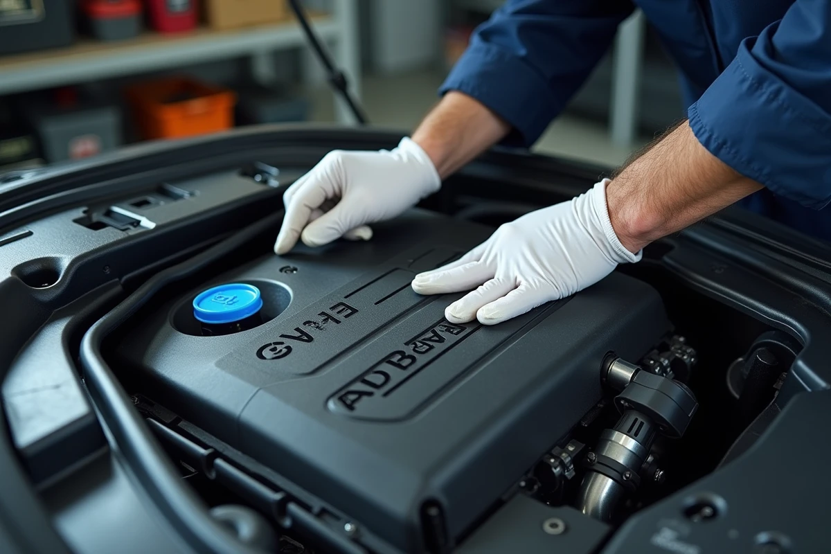Vue en plongée du compartiment moteur diesel Euro 6d avec filtre à particules et système SCR AdBlue visible