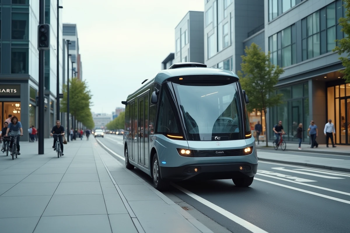 Navette autonome sans conducteur circulant dans un quartier urbain intelligent, illustrant les véhicules entièrement autonomes