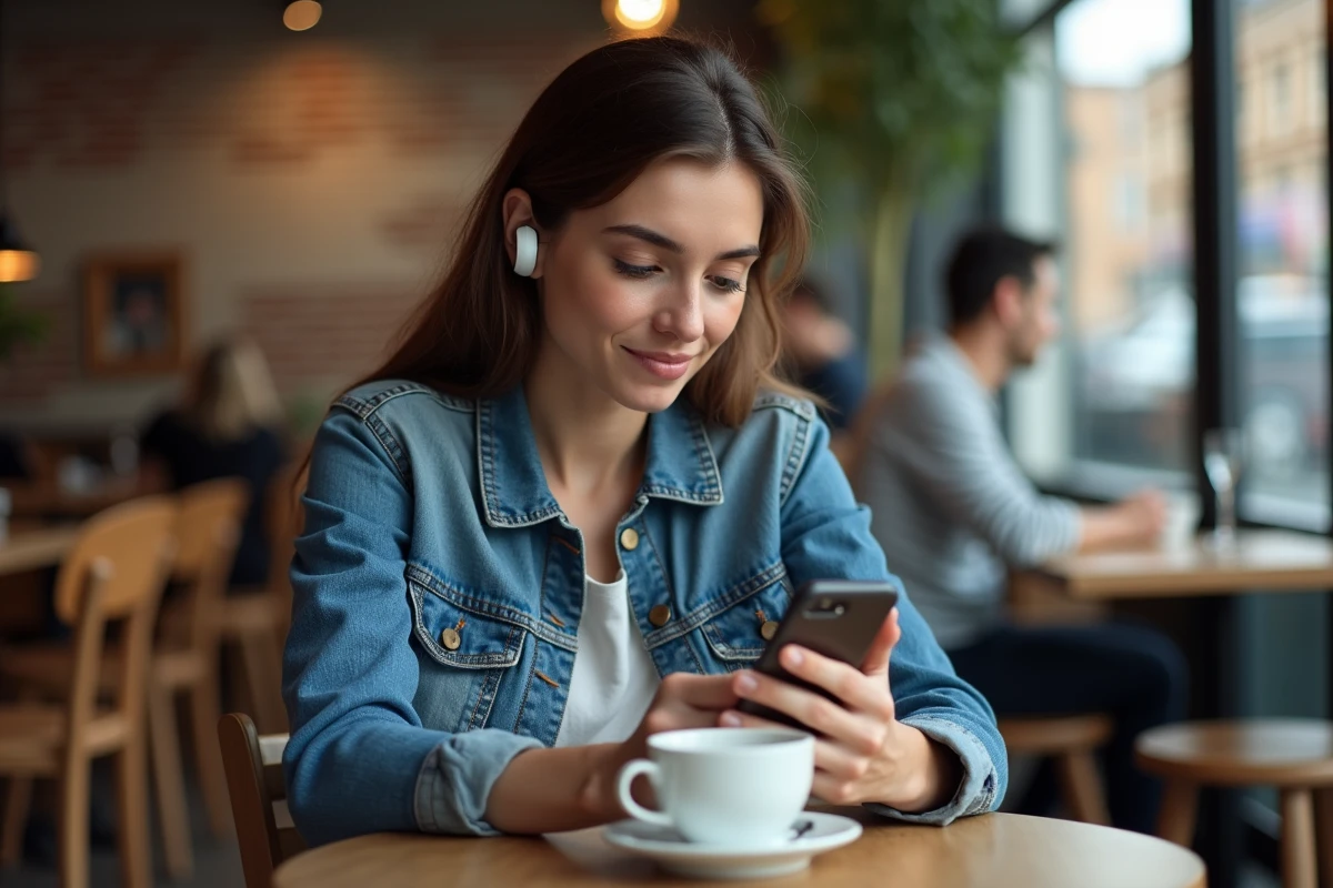 Femme consultant discrètement son téléphone mobile dans un café urbain
