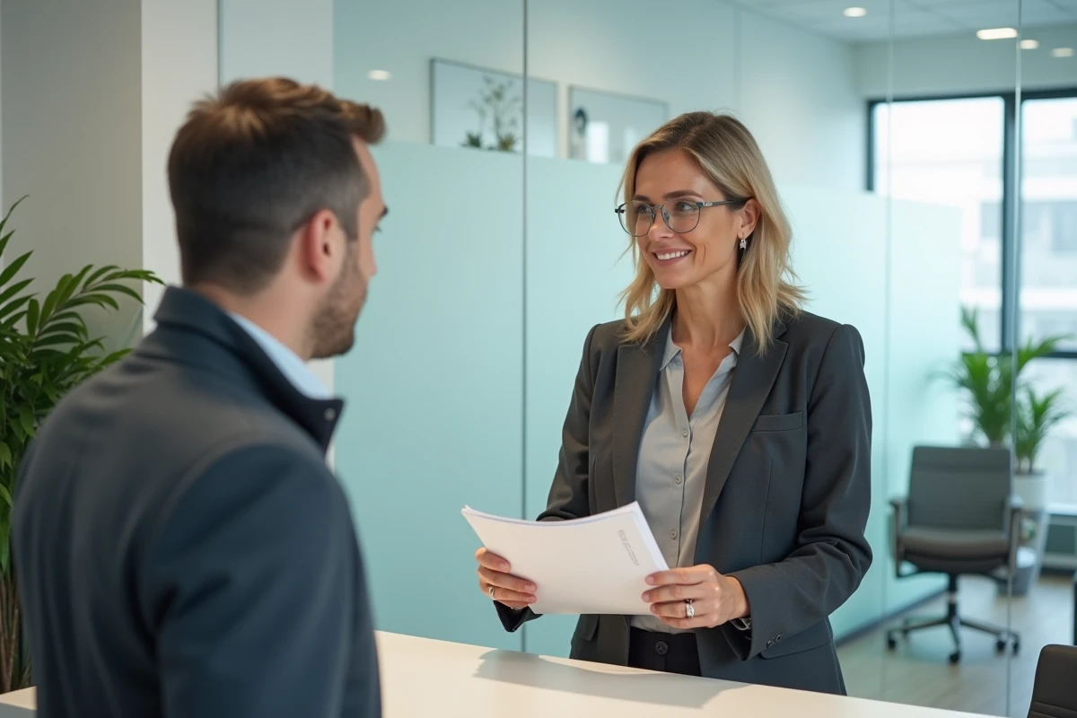 Notaire femme remettant un barème de tarifs à un client dans un cabinet notarial moderne et lumineux