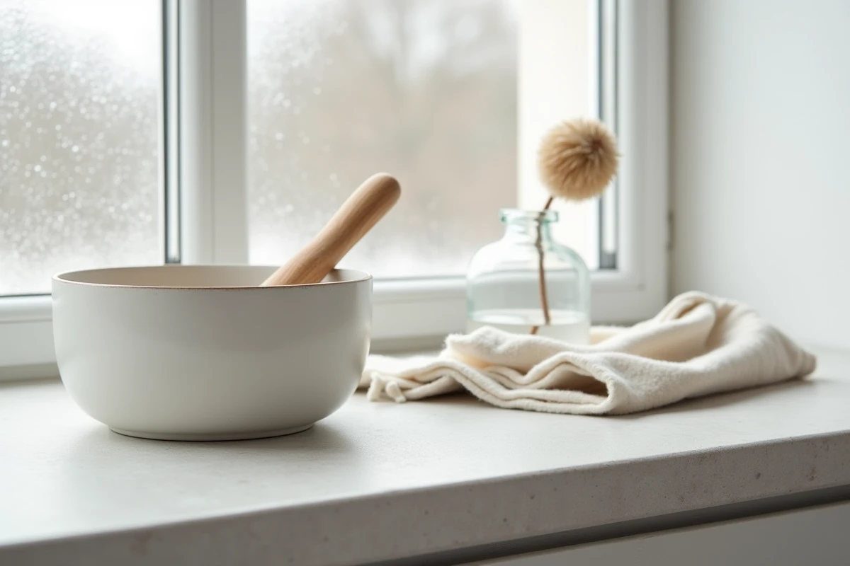 Nature morte d'objets design scandinaves authentiques sur pierre grise, incluant céramique, bois tourné et verre soufflé, illustrant l'esthétique fonctionnelle nordique