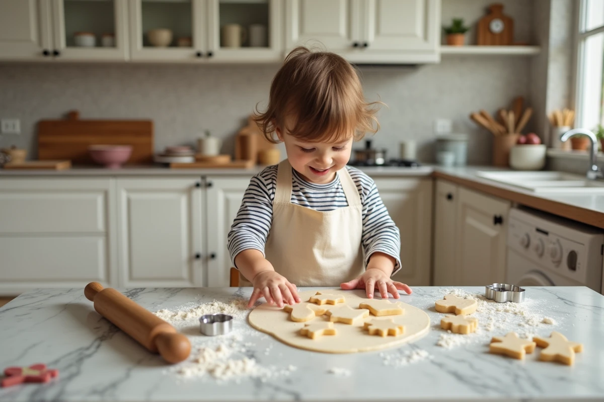 Enfant de 3 ans portant un tablier qui s'amuse à faire des biscuits dans une cuisine familiale pendant les vacances