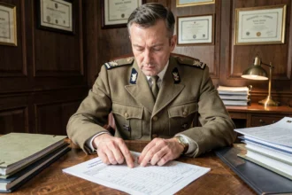 Officier de l'armée de terre en uniforme consultant une grille indiciaire officielle sur un bureau militaire