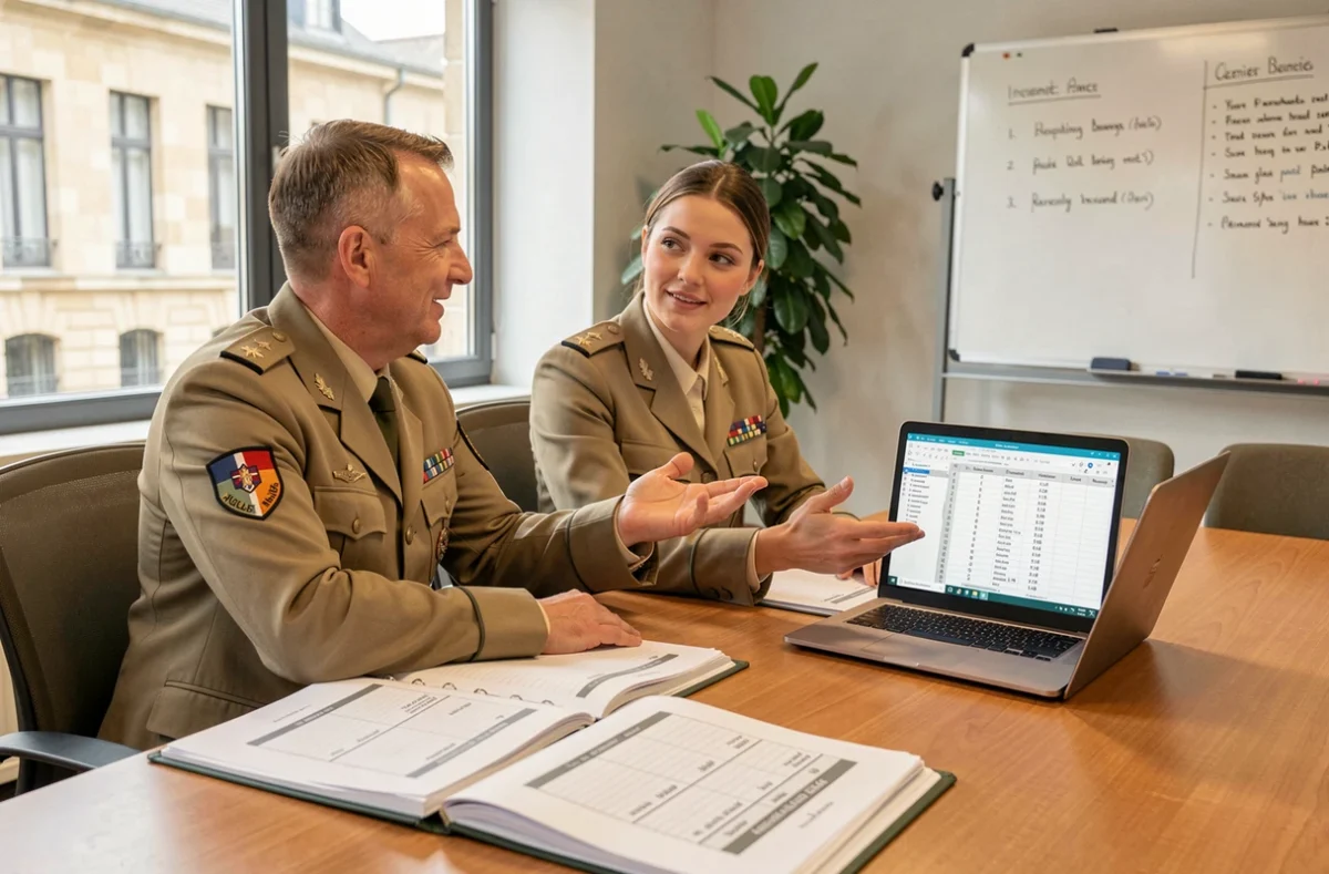 Deux officiers de l'armée de terre analysant ensemble une grille indiciaire sur ordinateur portable et documents imprimés en salle de réunion