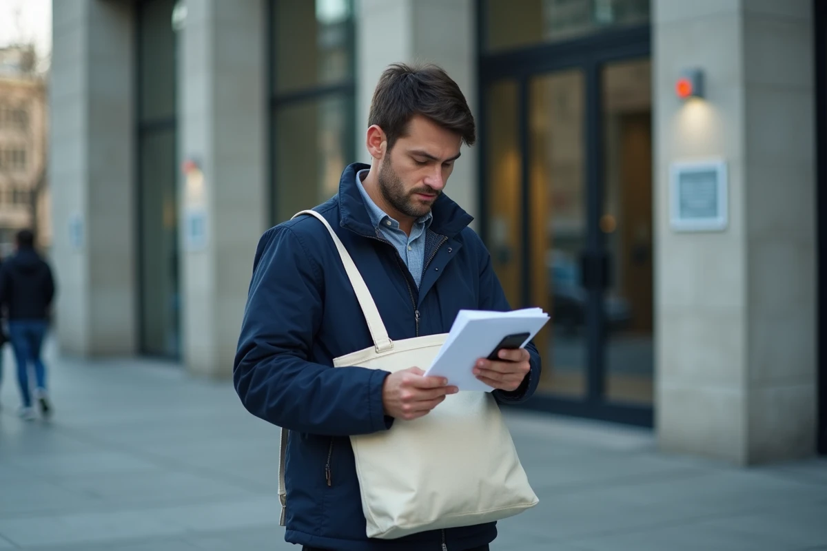 Parent isolé consultant ses documents administratifs devant un bâtiment de services sociaux
