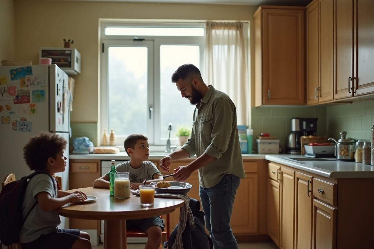 Père isolé préparant le petit-déjeuner dans une cuisine familiale modeste pendant que ses deux enfants attendent avec leurs cartables, illustrant la réalité du parent isolé