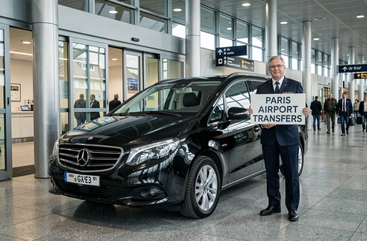 Un chauffeur professionnel tenant une pancarte 'Paris Airport Transfers' devant un véhicule noir aux arrivées d'un grand aéroport parisien