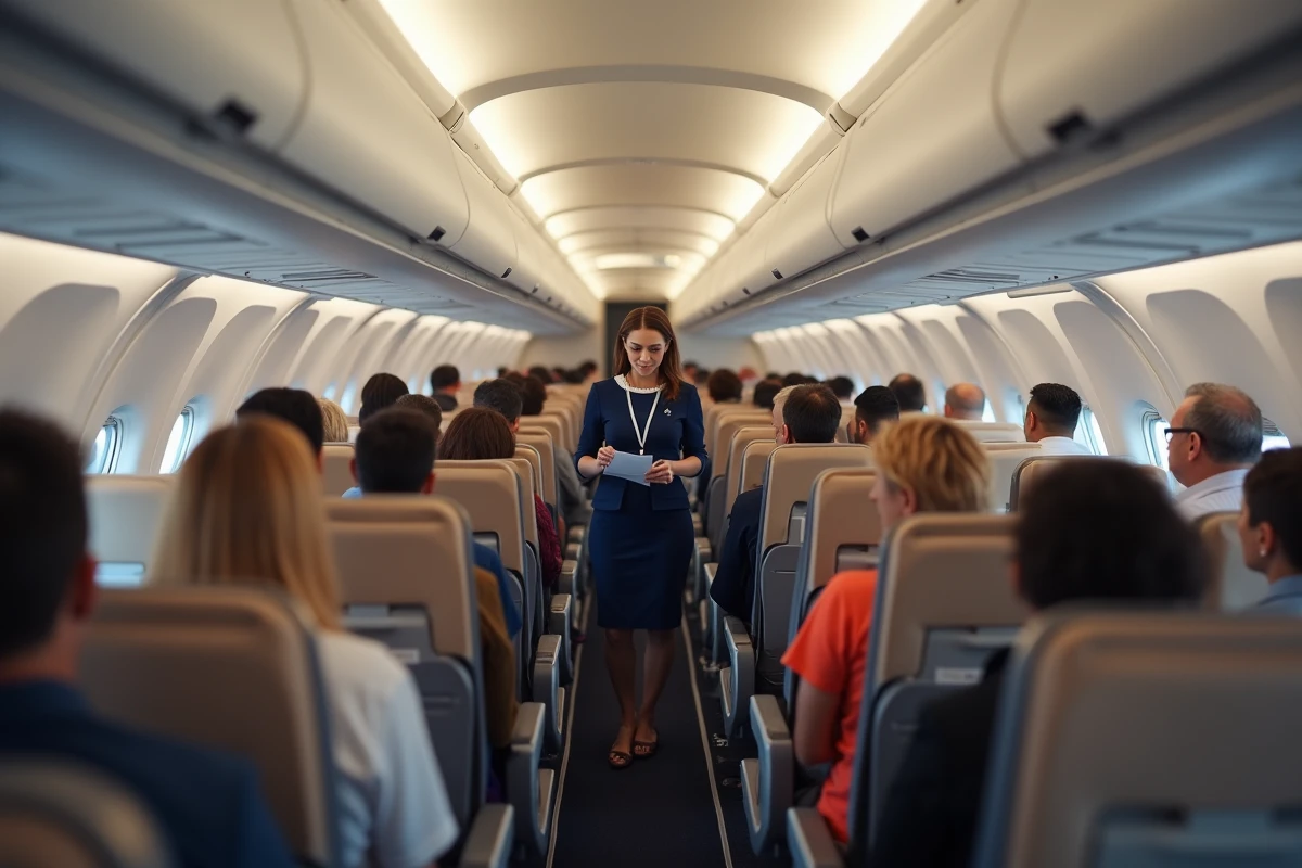 Passagers dans la cabine d'un avion commercial attachant leur ceinture de sécurité pendant la démonstration de sécurité d'une hôtesse de l'air