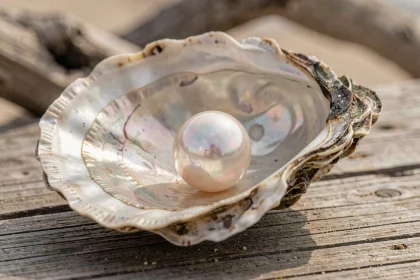 Perle naturelle nacrée reposant dans une huître ouverte sur une surface en bois patiné en bord de mer