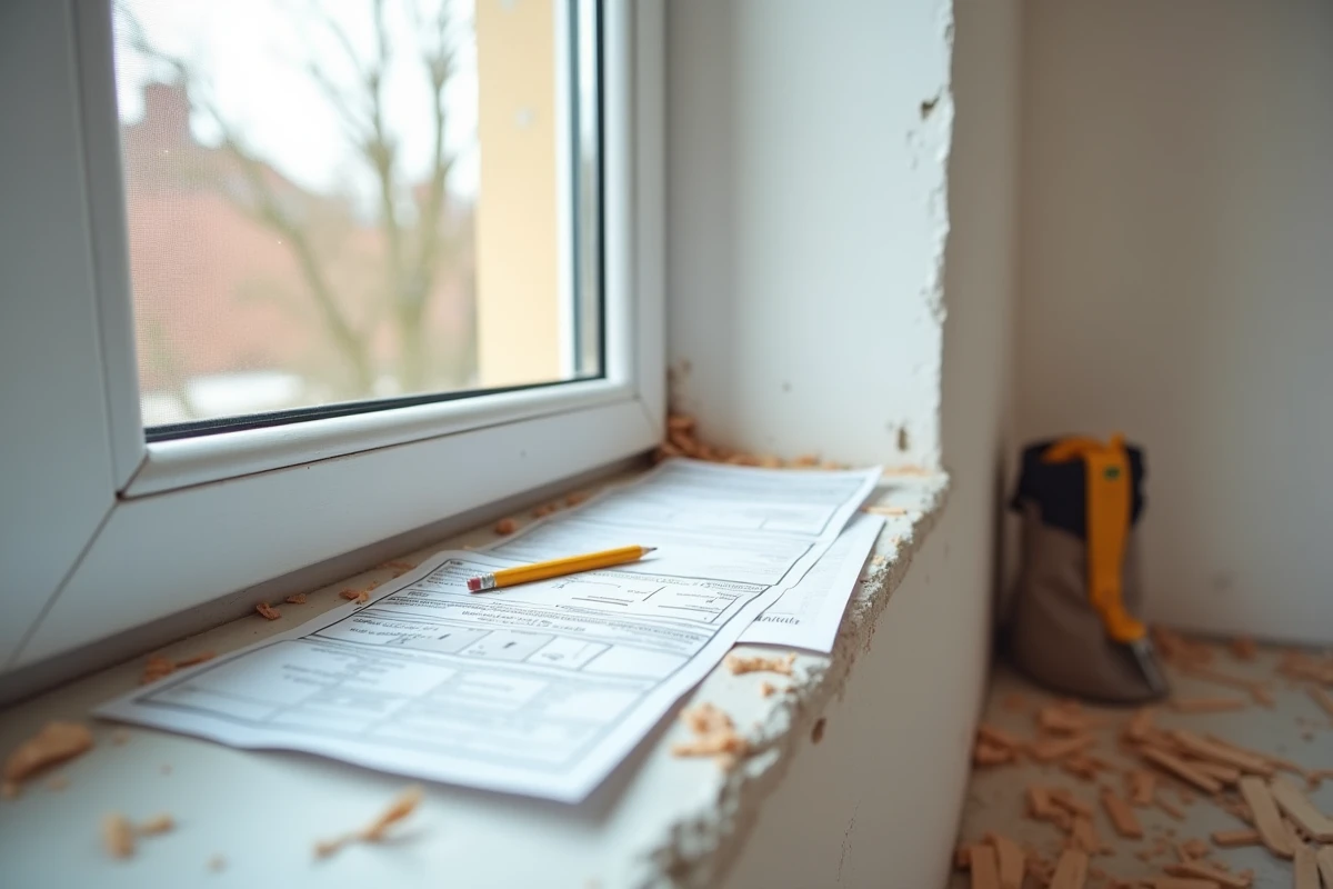 Permis de construire et documents administratifs posés sur l'appui d'une nouvelle fenêtre en aluminium lors d'un chantier de rénovation