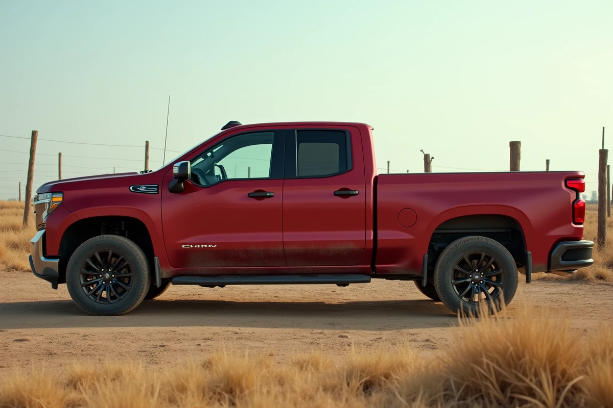 Pick-up midsize de taille intermédiaire garé sur un chantier rural avec terrain herbeux