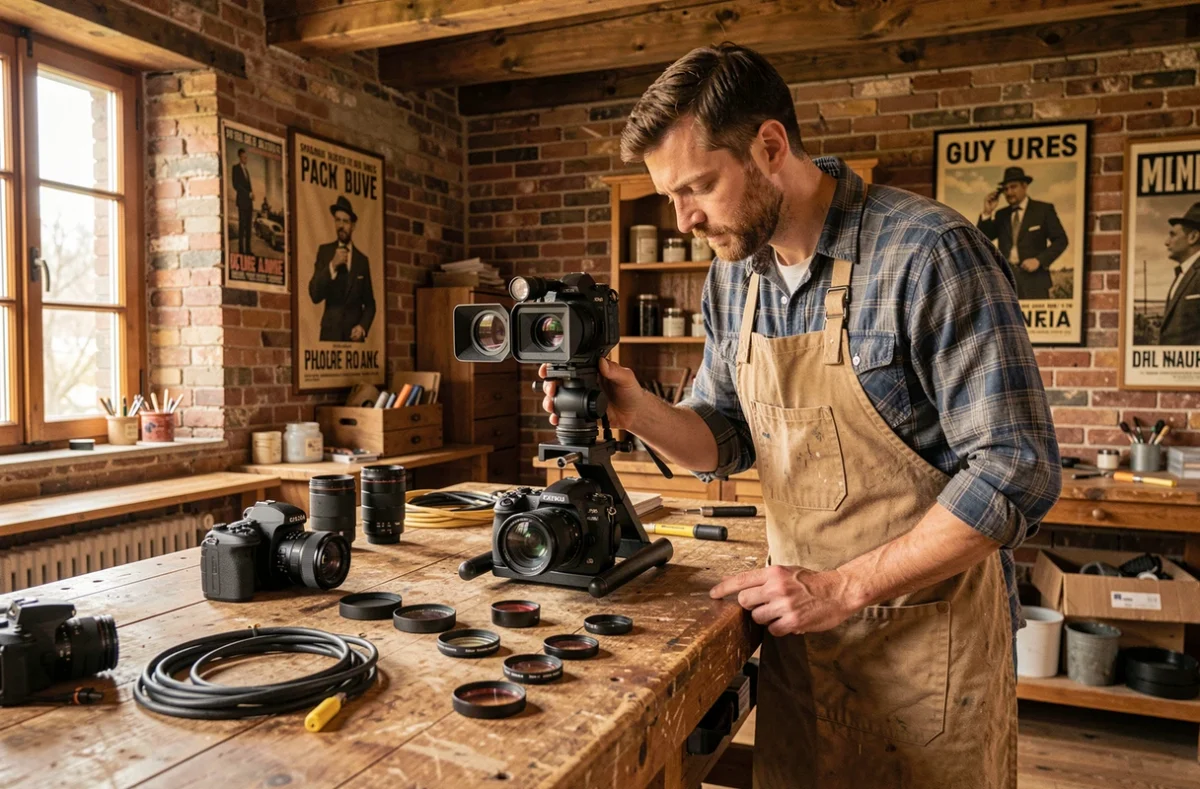Pierre Atelier, vidéaste artisan, inspectant son équipement cinéma dans son atelier chaleureux aux murs en briques