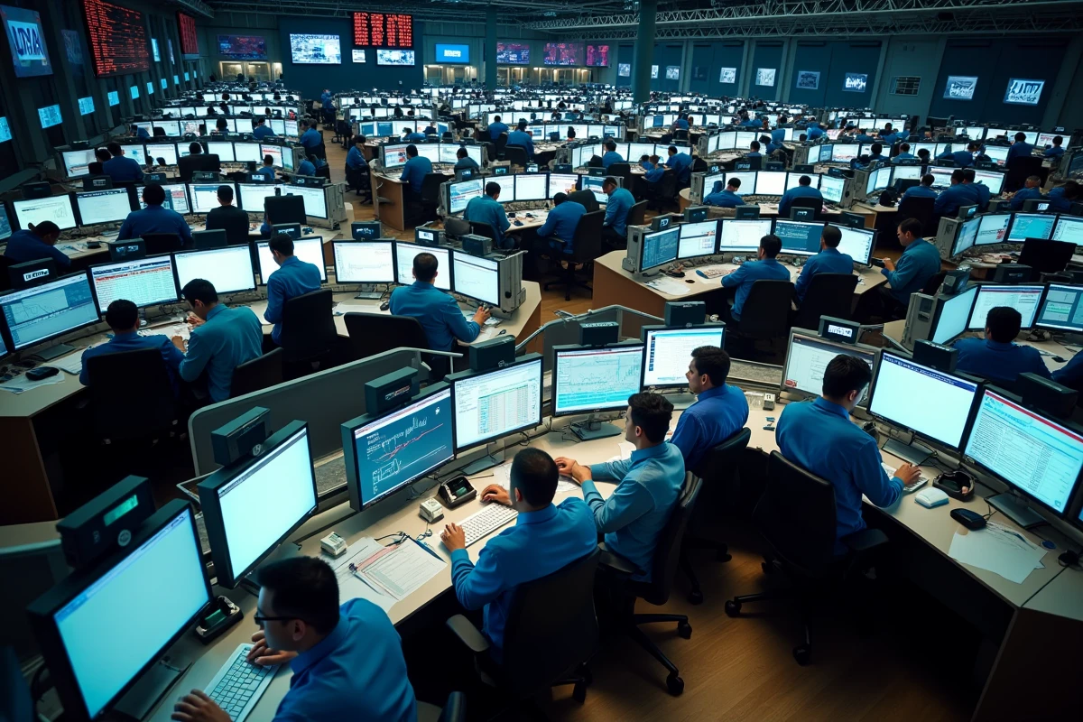 Vue panoramique d'un plancher de négociation avec des traders surveillant les données de la courbe des taux obligataires