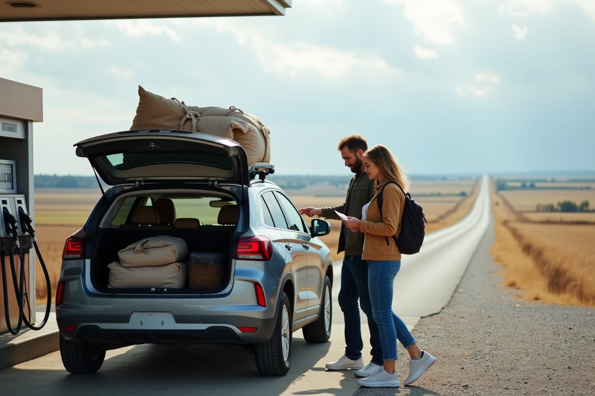 Couple faisant le plein d'essence lors d'un road trip en SUV dans la campagne, vérifiant les dépenses au comptoir d'une station-service