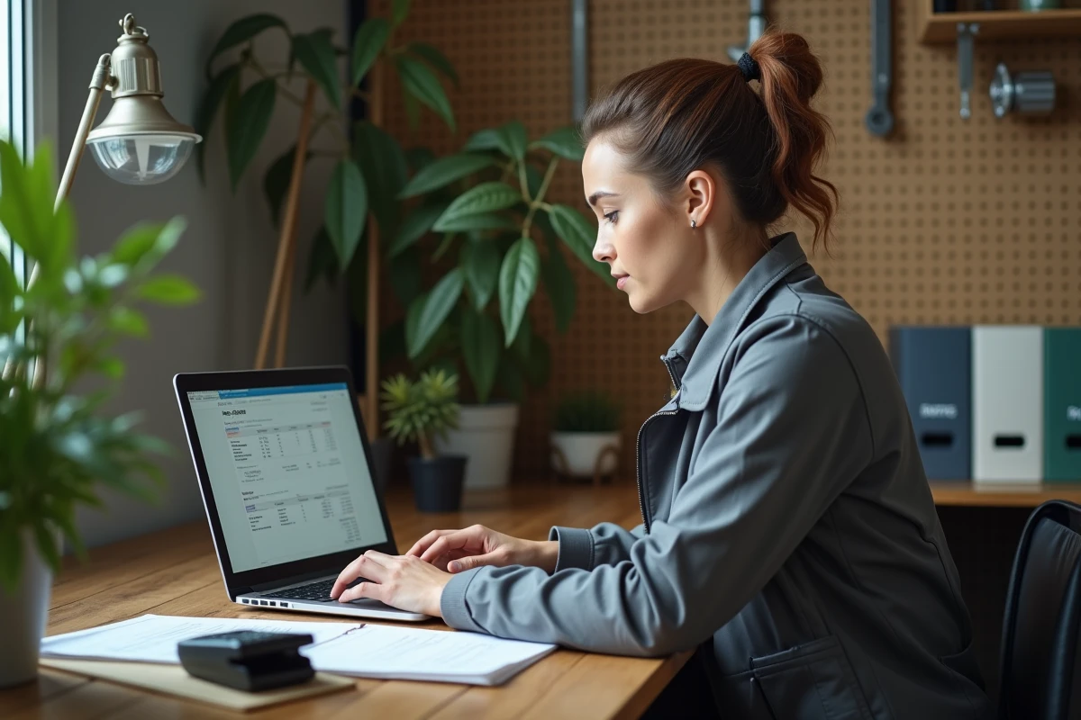 Plombière indépendante calculant ses tarifs et revenus sur un ordinateur portable dans son bureau à domicile