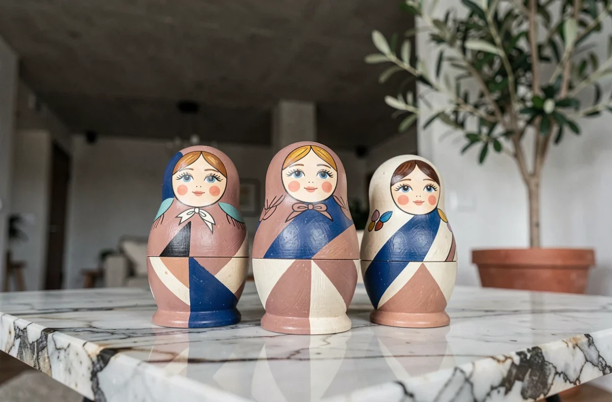 Gros plan sur trois poupées russes aux motifs géométriques contemporains posées sur une table en marbre dans un appartement moderne