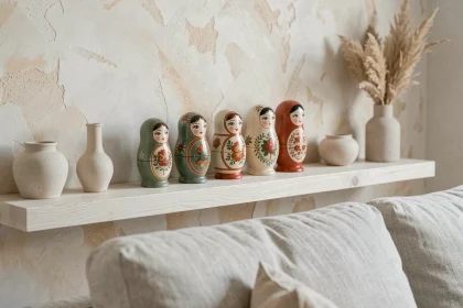 Poupées russes décoratives aux tons sauge et terracotta disposées sur une étagère en chêne blanc dans un salon scandinave épuré