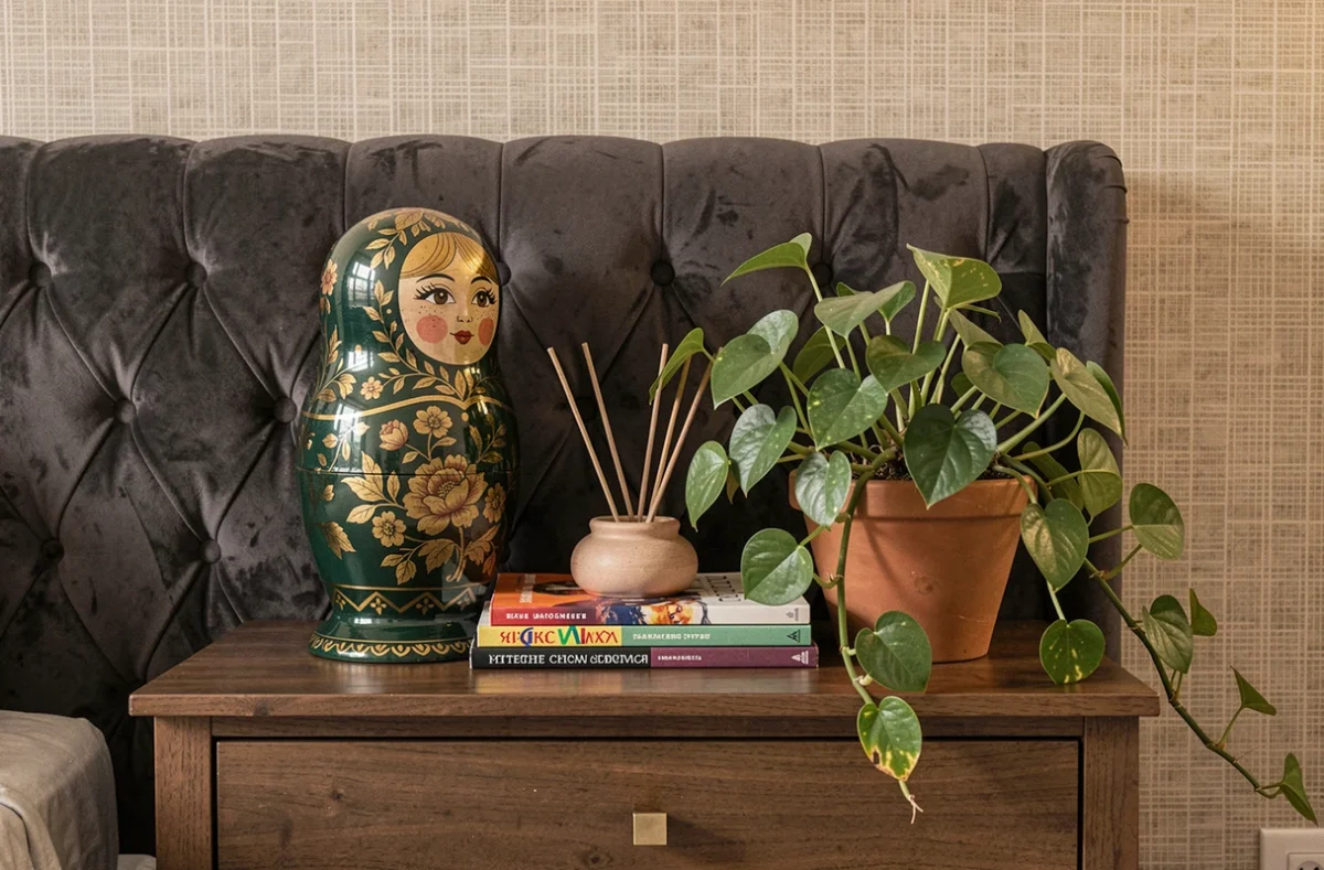 Table de chevet stylisée avec deux grandes poupées russes vert forêt et or servant de serre-livres dans une chambre au style maximaliste raffiné
