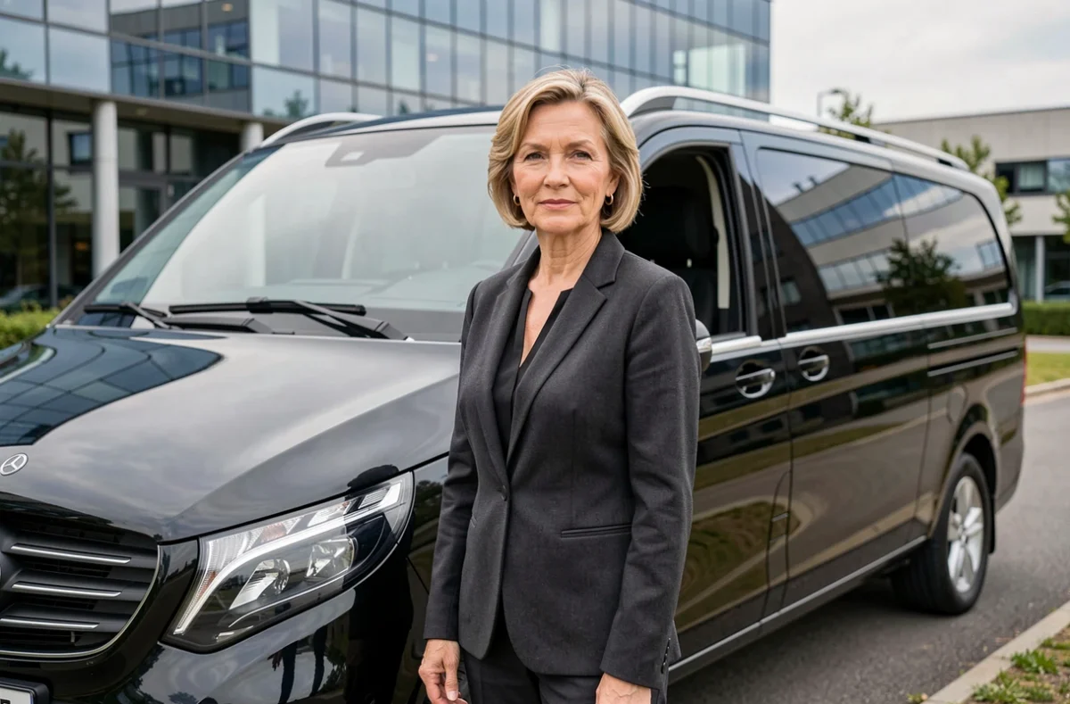 Une chauffeuse professionnelle en blazer anthracite devant un Mercedes-Benz V-Class noir dans un parc d'affaires de Seine-et-Marne pour Premium Transport Services