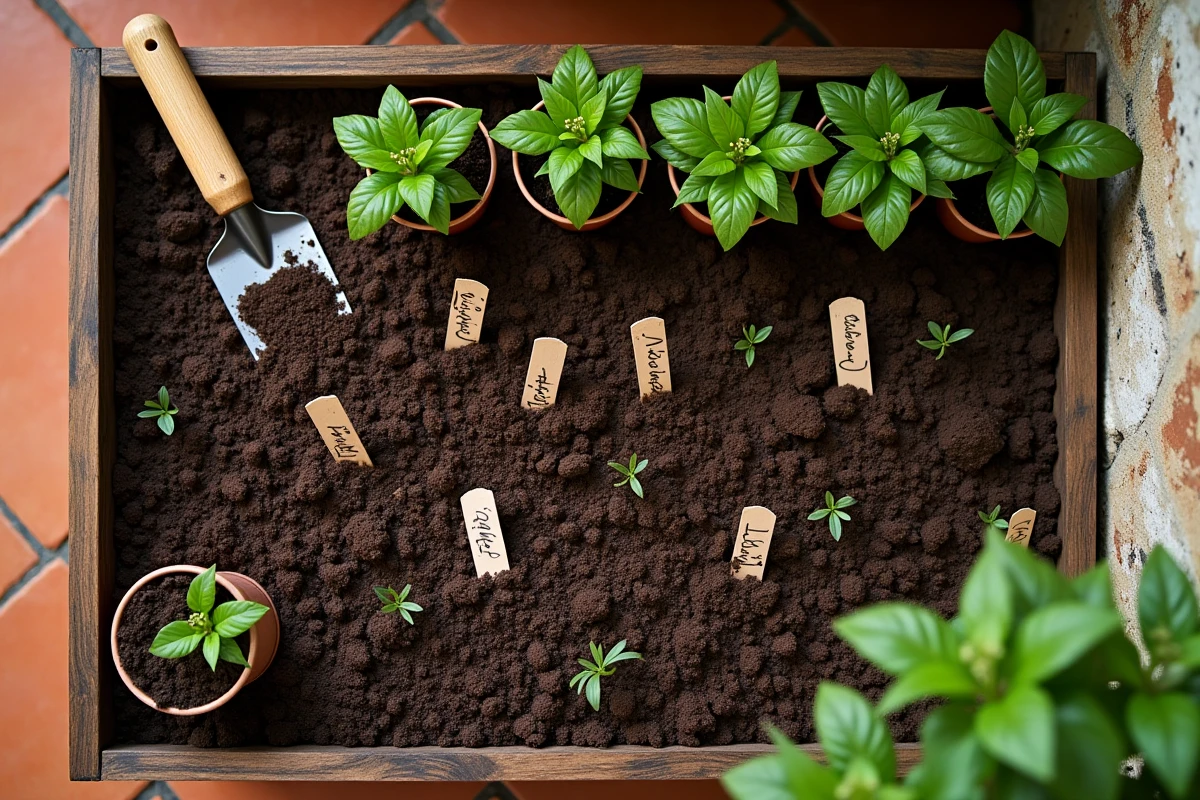 Vue aérienne d'un potager urbain en préparation avec des plants et des outils de jardinage