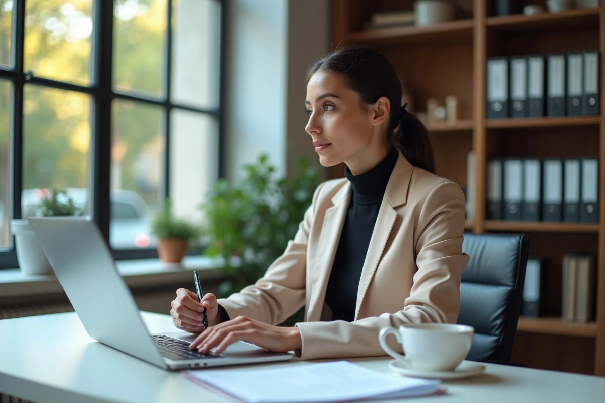 Professionnelle préparant une présentation de projet de transformation sur ordinateur dans un bureau épuré avec vue sur la rue