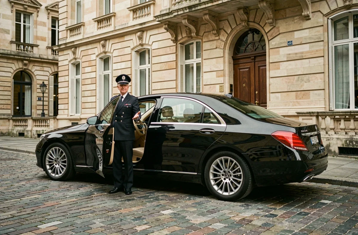 Une Mercedes-Benz S-Class noire garée devant un bâtiment élégant avec un chauffeur en uniforme ouvrant la portière pour Prestige Transfer