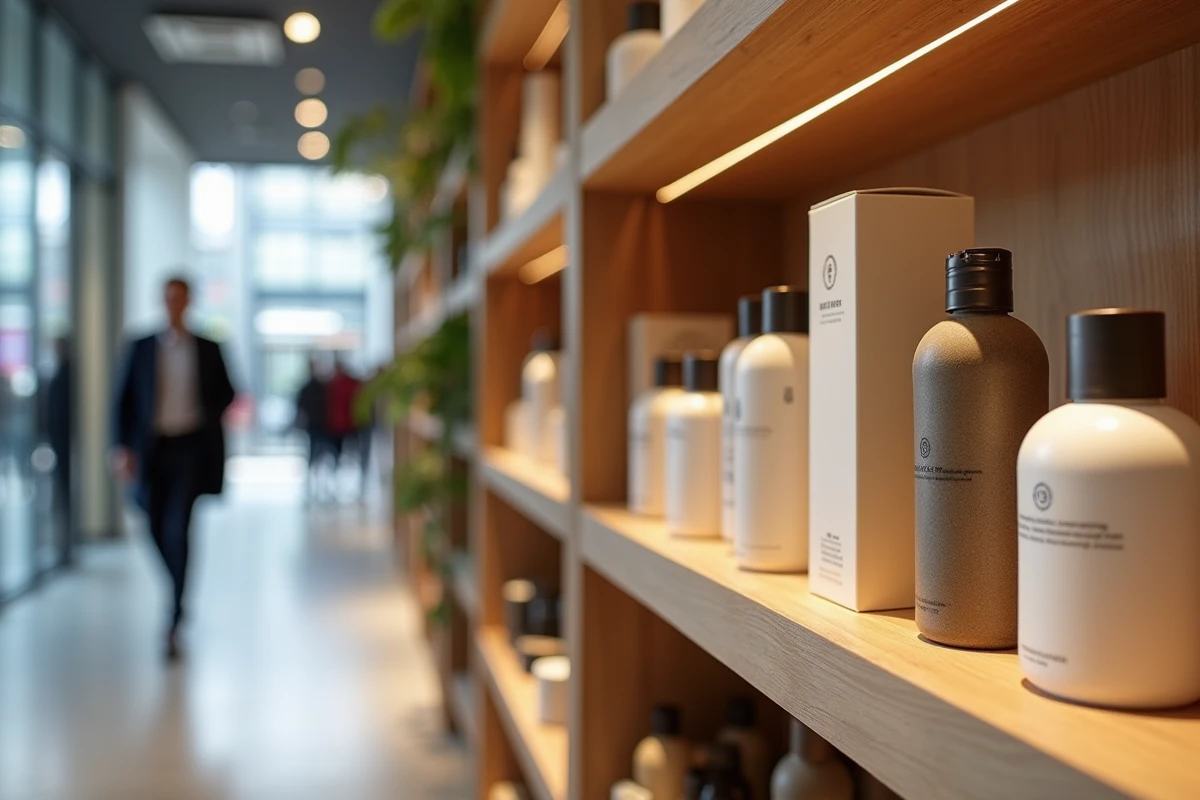 Présentoir en boutique mettant en valeur des produits co-brandés de deux marques partenaires avec un double logo visible sur les emballages premium dans un magasin moderne