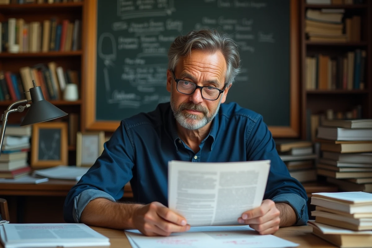 Professeur universitaire examinant attentivement un essai potentiellement rédigé par une intelligence artificielle