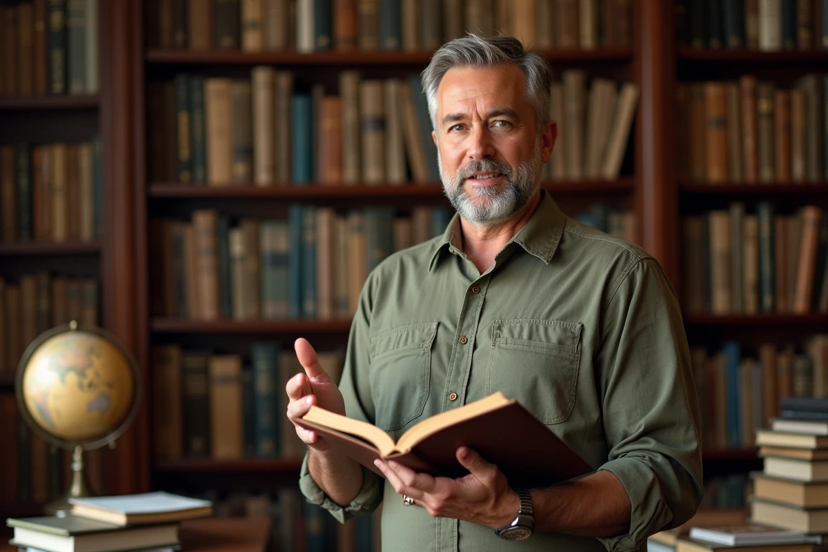Professeur universitaire spécialisé en sciences politiques dans son bureau entouré de livres sur la démocratie et les médias