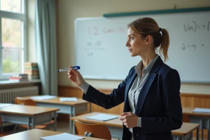 Professeure certifiée devant un tableau de classe en collège, illustrant le métier d'enseignant titulaire en France en 2026