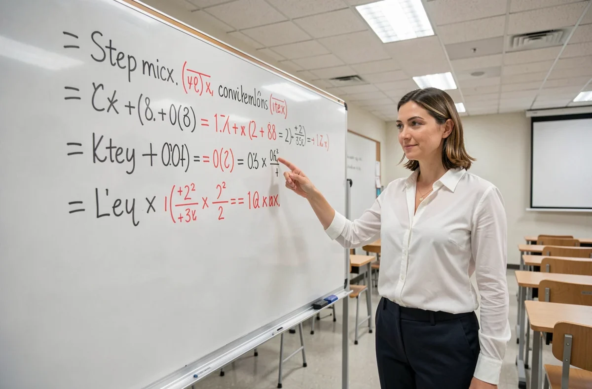 Professeure de mathématiques expliquant la conversion mètre cube en litre au tableau blanc dans une salle de cours