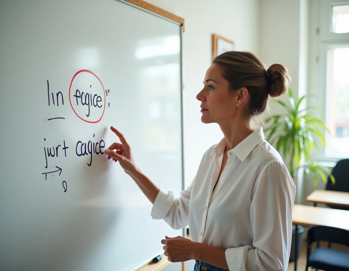 Professeure de français expliquant une règle d'orthographe au tableau blanc dans une école de langues