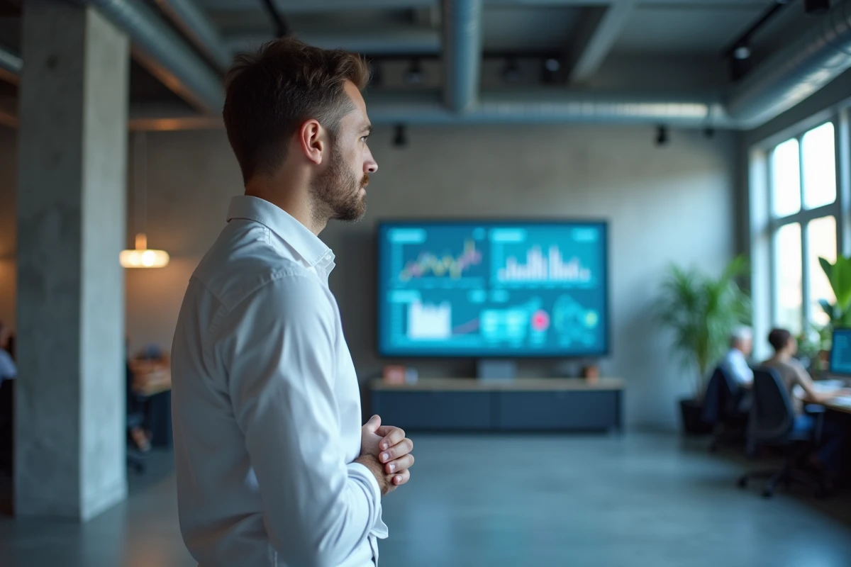 Professionnel analysant des données générées par intelligence artificielle sur un écran dans un open space de startup