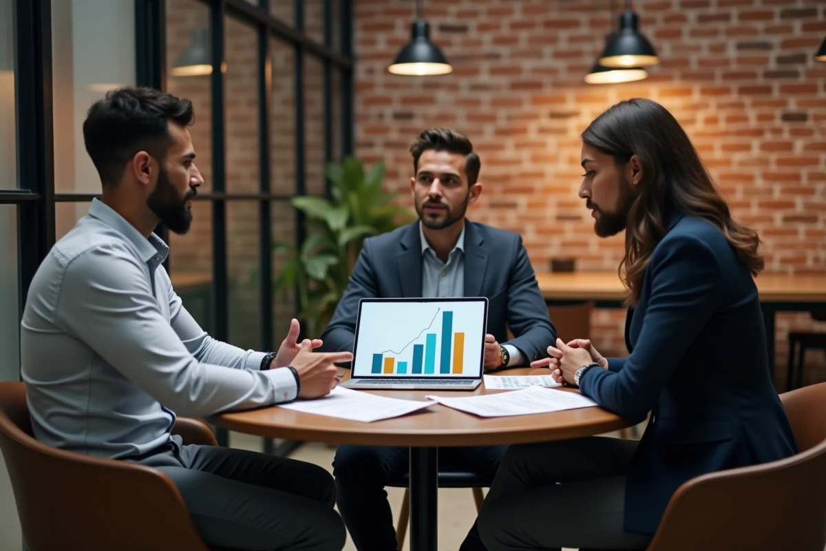 Groupe de professionnels discutant du contexte économique actuel autour d'une table de travail