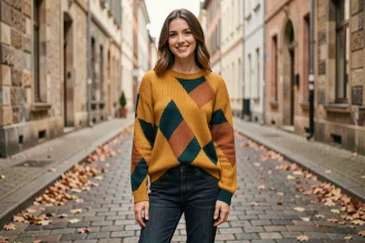 Femme portant un pull en maille colorée aux motifs géométriques tendance mi-saison dans une rue pavée européenne en automne