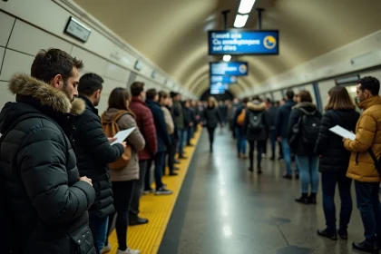 Quai d'une station de métro parisien avec des voyageurs attendant le train, panneaux indicateurs bleus et carrelage blanc caractéristiques du métro de Paris