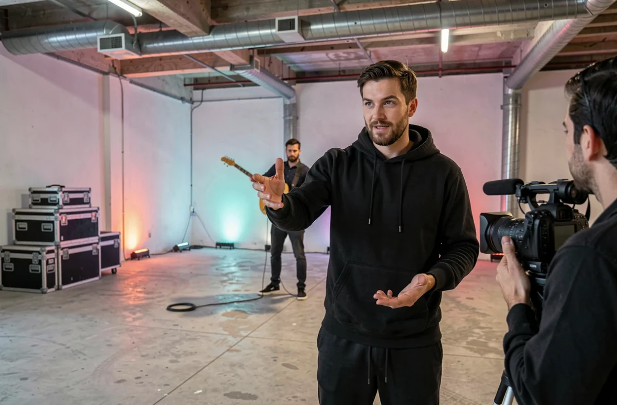Raph Music Vidéo dirigeant un tournage de clip musical dans un entrepôt avec un musicien en arrière-plan