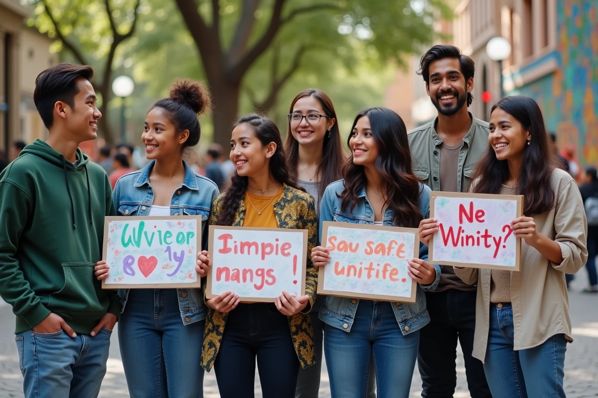 Rassemblement communautaire multiculturel en plein air avec des personnes de différentes origines tenant des pancartes d'unité, représentant la diversité et l'inclusion sociale