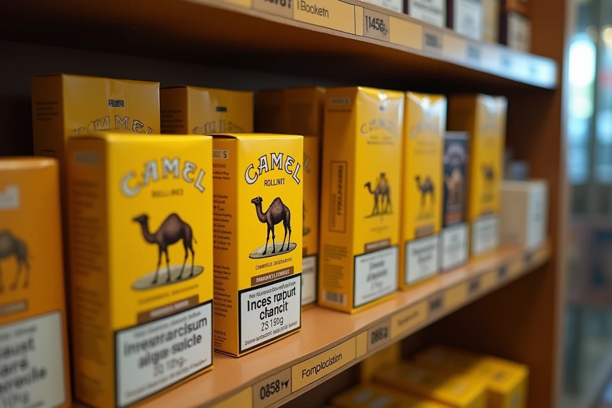 Rayonnage d'un bureau de tabac français présentant plusieurs paquets de tabac à rouler Camel 30g avec étiquettes de prix