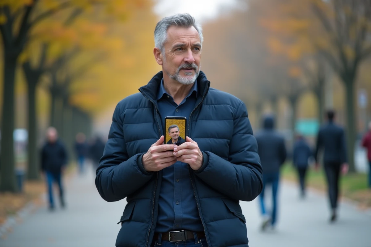 Homme utilisant une application de recherche par image sur smartphone dans un parc pour retrouver quelqu'un gratuitement