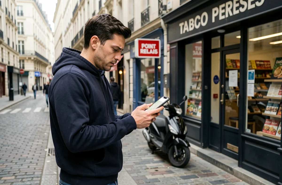 Homme cherchant en urgence un point relais Chronopost sur son smartphone dans une rue française