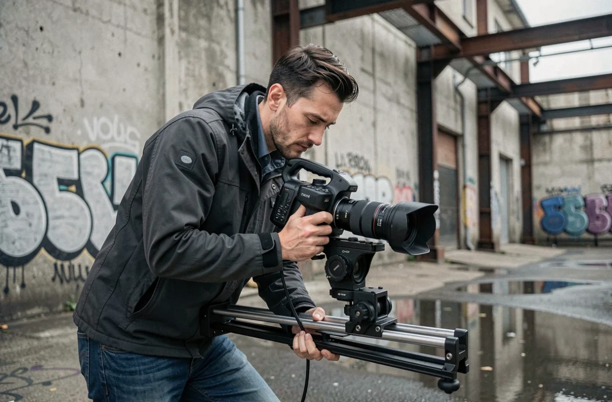 Vidéaste Redshot en pleine prise de vue avec une caméra cinéma sur slider dans un quartier industriel de Rouen