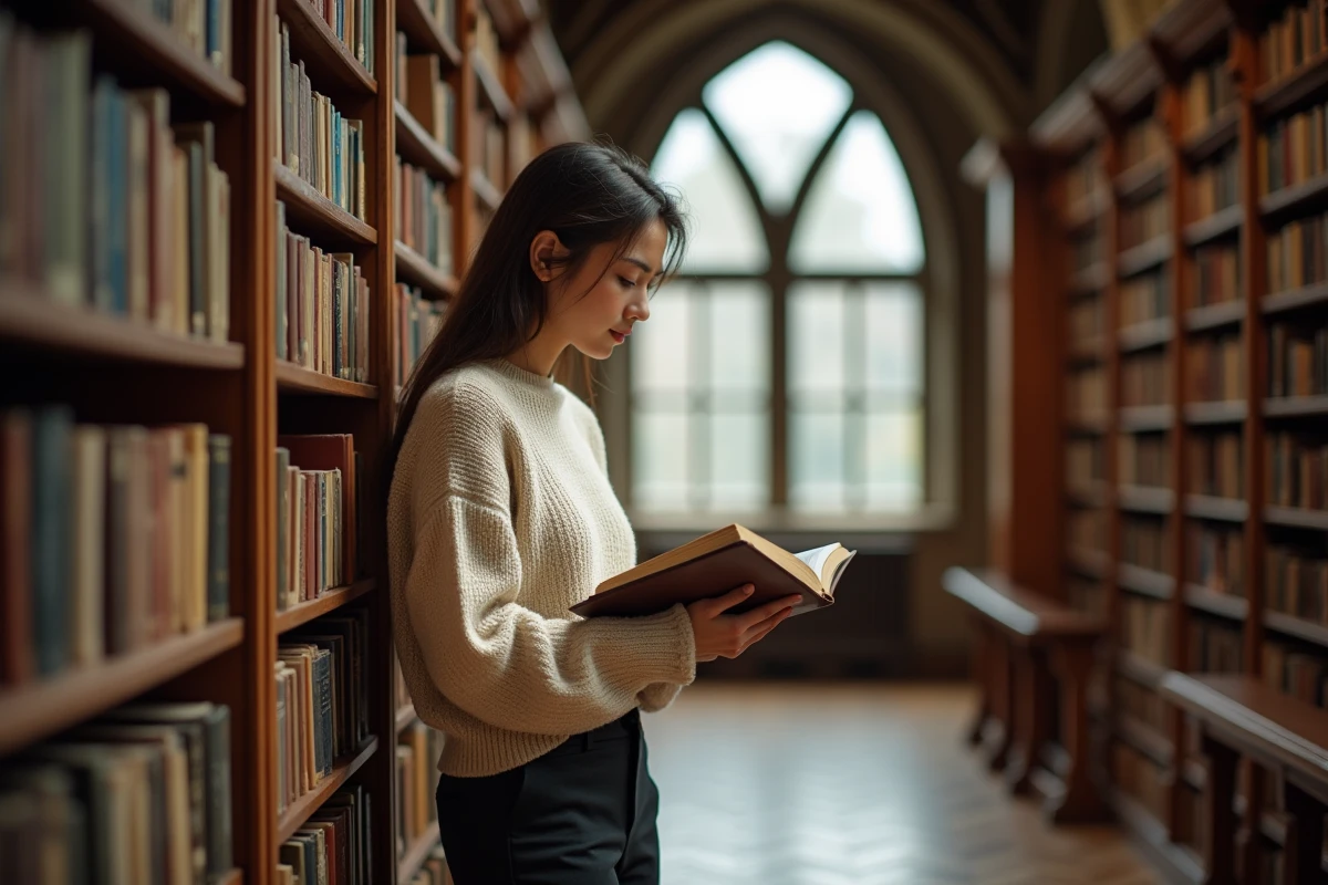 Jeune femme pensive dans une bibliothèque universitaire au milieu de livres de philosophie éthique, évoquant la réflexion sur les principes fondamentaux de la vie morale