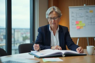 Responsable qualité ISO 9001 à Lyon révisant un manuel de processus dans une salle de réunion moderne