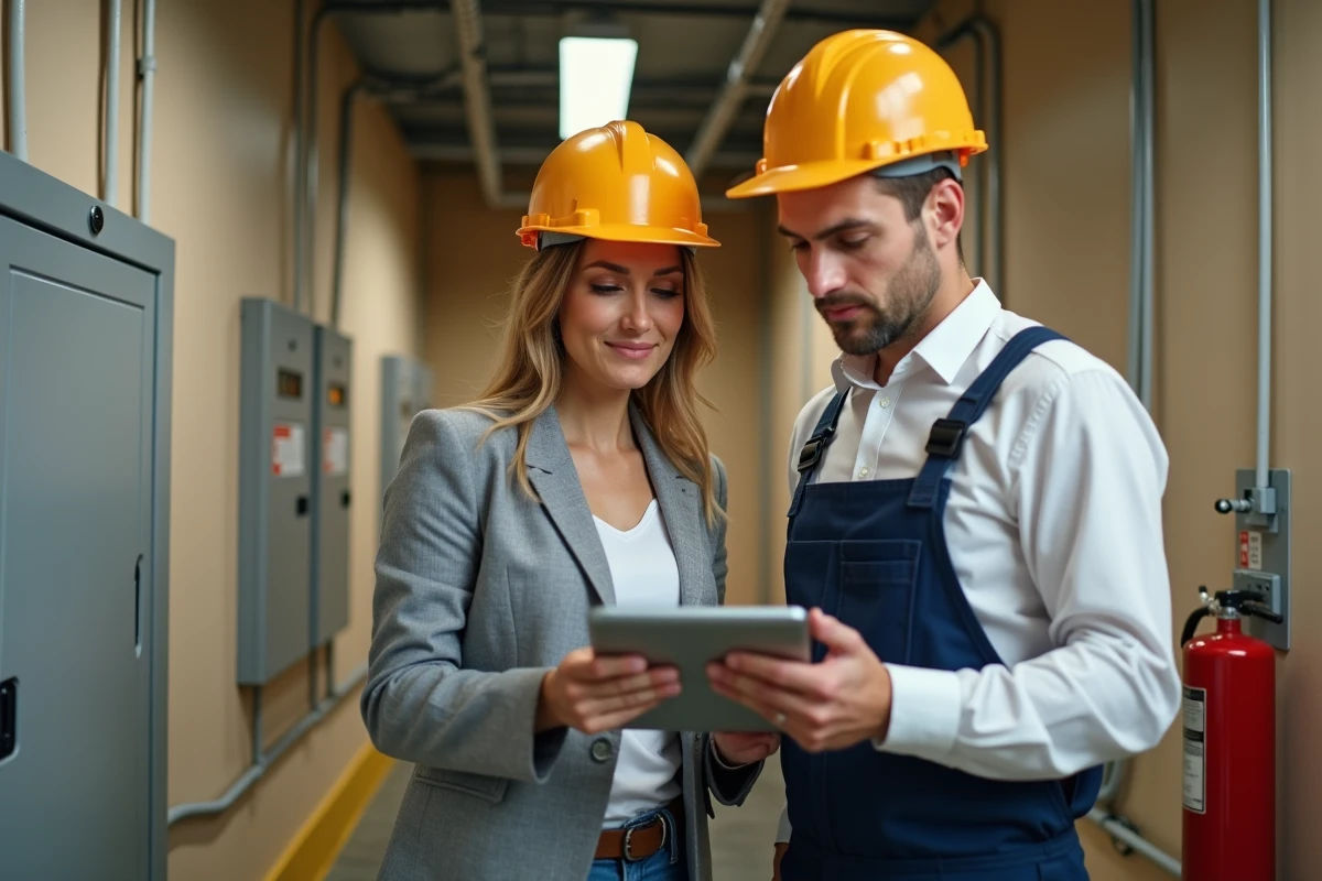 Responsable sécurité et technicien de maintenance consultant un rapport de conformité électrique sur tablette