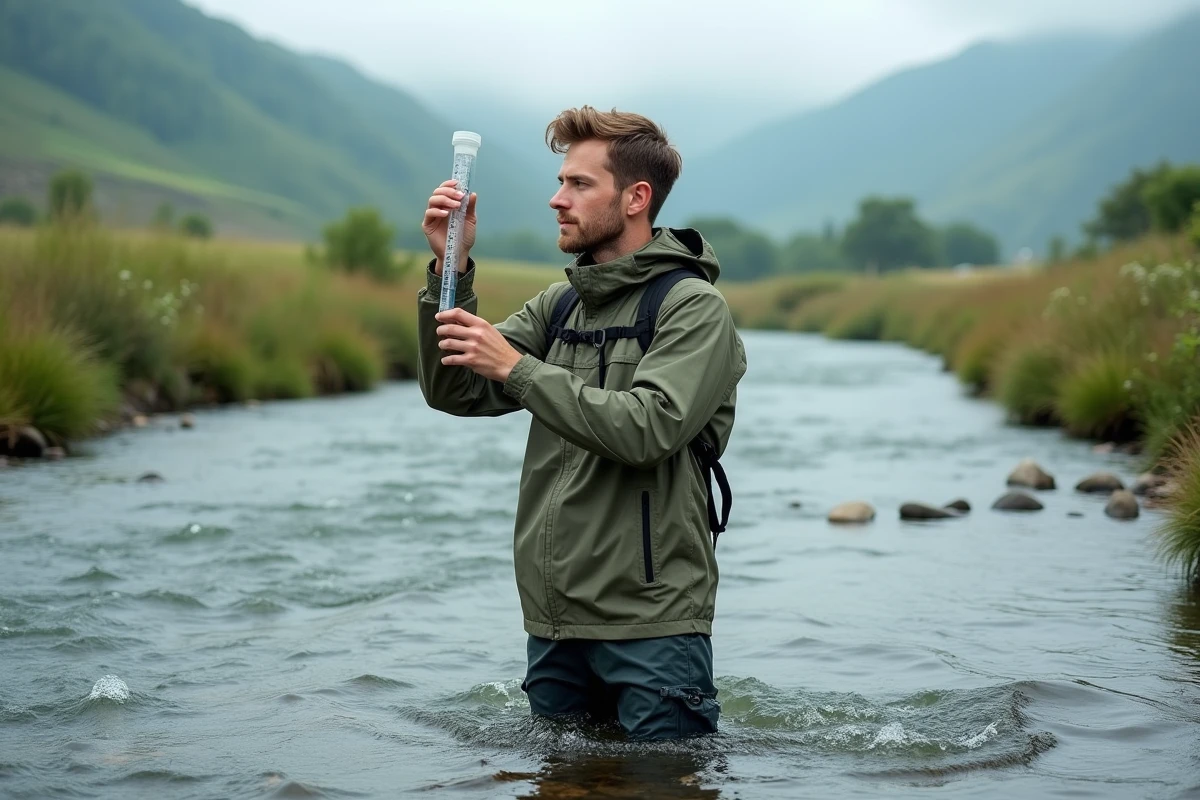 Chercheur prélevant un échantillon d'eau en rivière pour illustrer les ressources naturelles en eau douce