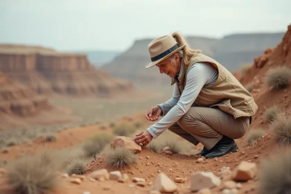 Géologue examinant des roches dans un paysage minéral pour illustrer la définition des ressources naturelles non renouvelables
