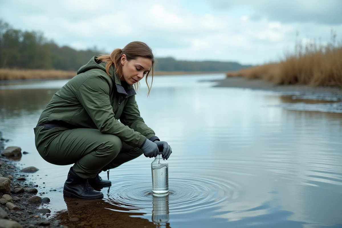Scientifique prélevant un échantillon d'eau dans une rivière pour illustrer les ressources naturelles en eau douce